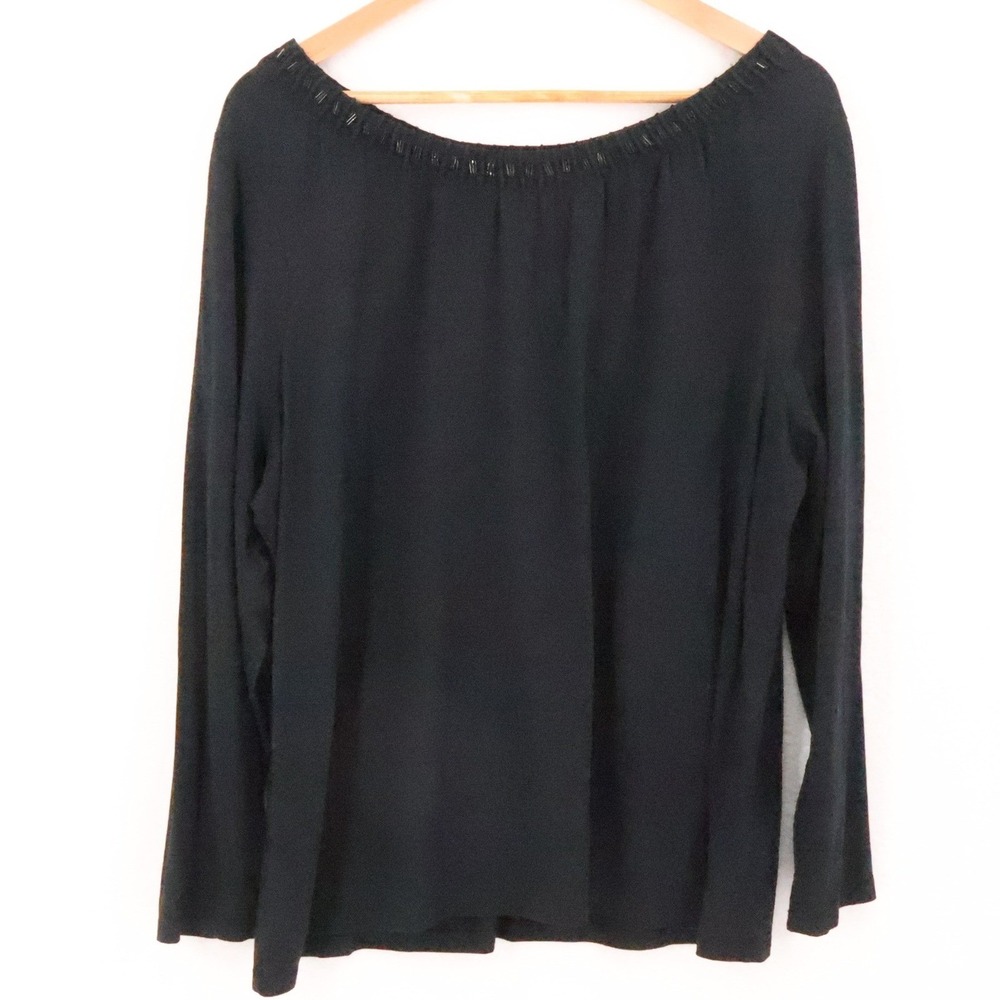 Talbots Woman Beaded Neck Long Sleeve Top Womens Plus Size 2X Black Cotton Modal
